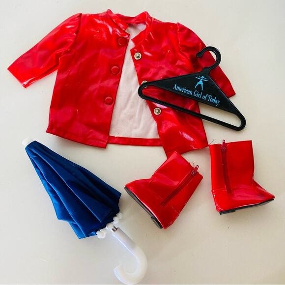 AMERICAN GIRL DOLL Red Blue White Snap Rain Jacket Coat Umbrella Boots Galoshes - Picture 8 of 9